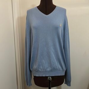 100% pima cotton Blue Soft Thin Jersey sweater with slight V Neck